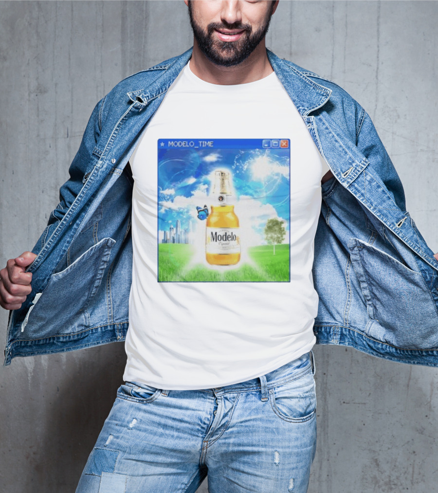 Modelo Time Frutiger Aero Aesthetic Butterfly Bottle Clouds Cityscape T-Shirt