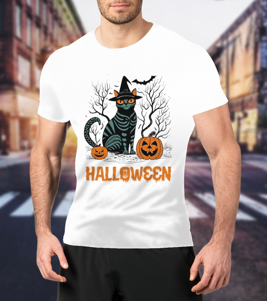 Halloween Skeleton Cat Witch Hat Pumpkins Spooky Forest Scene T-Shirt