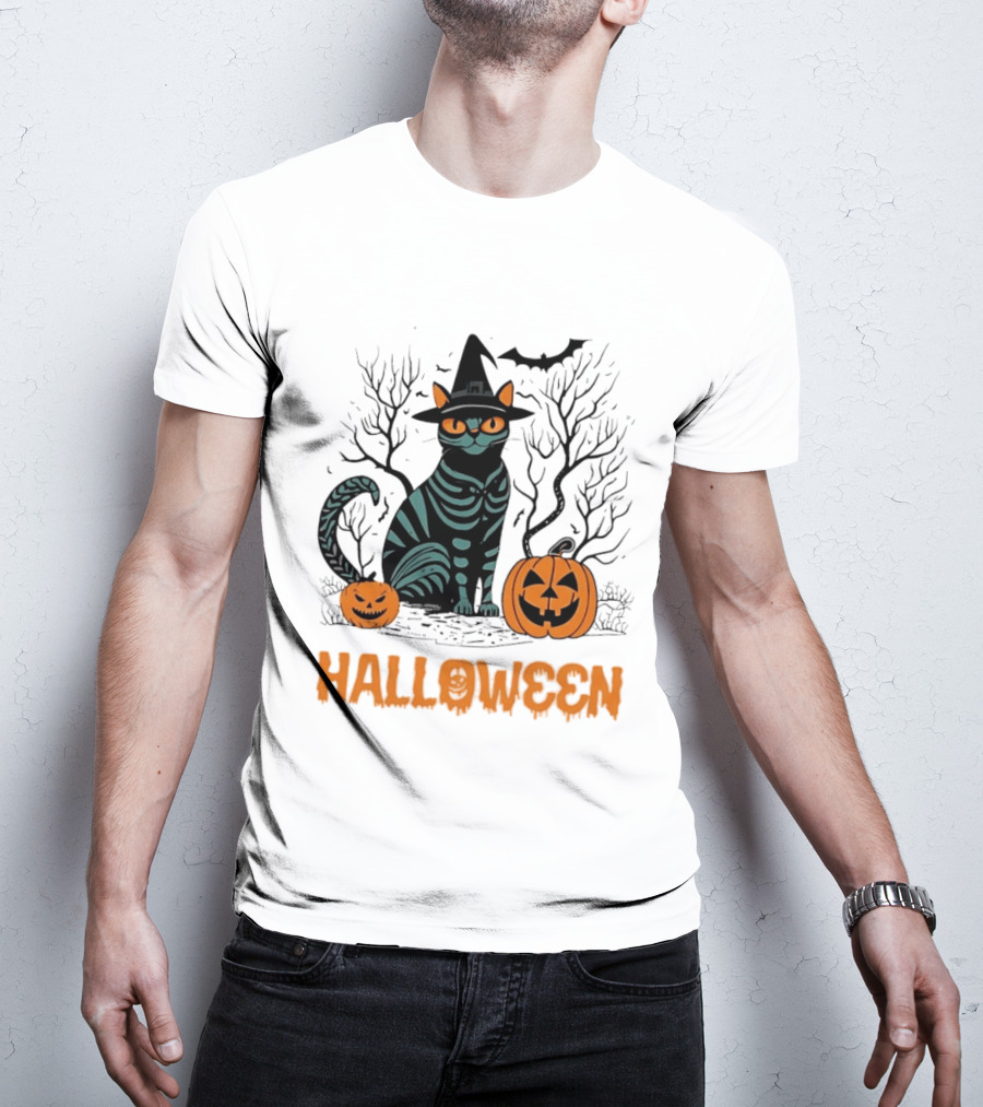 Halloween Skeleton Cat Witch Hat Pumpkins Spooky Forest Scene T-Shirt