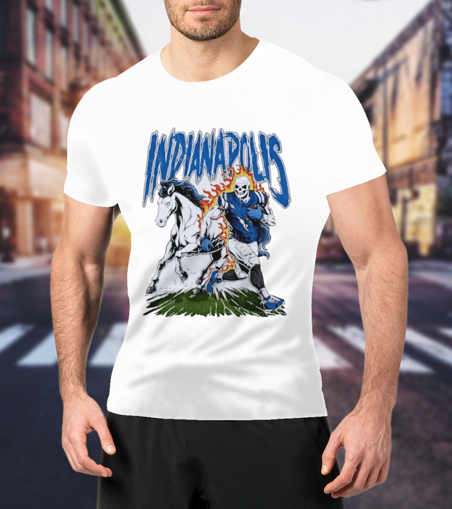 Indianapolis Football Skull And Horse Sports Flame Player Running T-Shirt