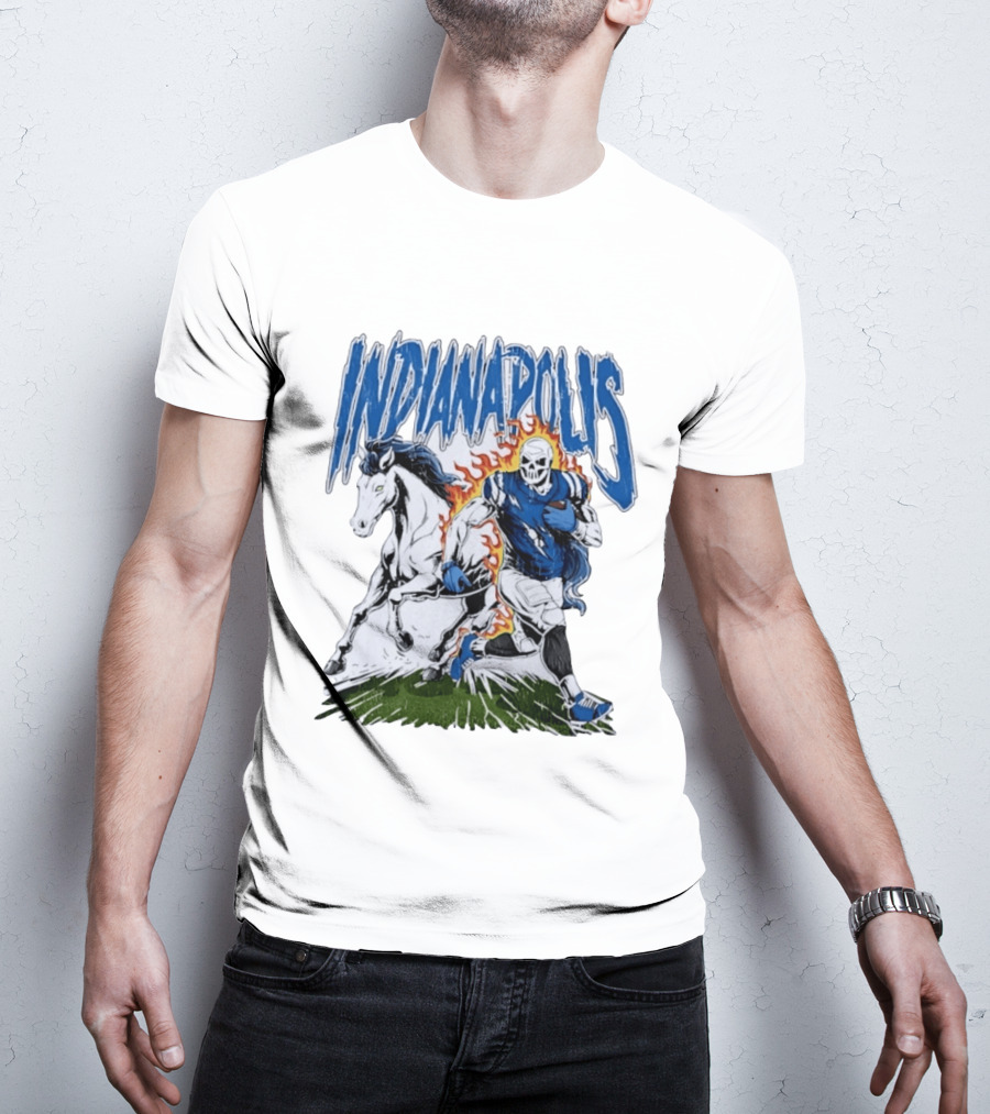 Indianapolis Football Skull And Horse Sports Flame Player Running T-Shirt