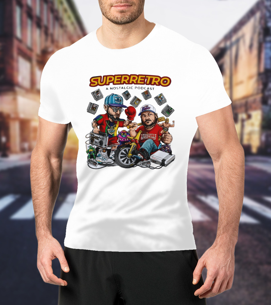 SuperRetro A Nostalgic Podcast Charlotte Hornets Louisville Cardinals Boombox Ugk Figurines Retro Games T-Shirt