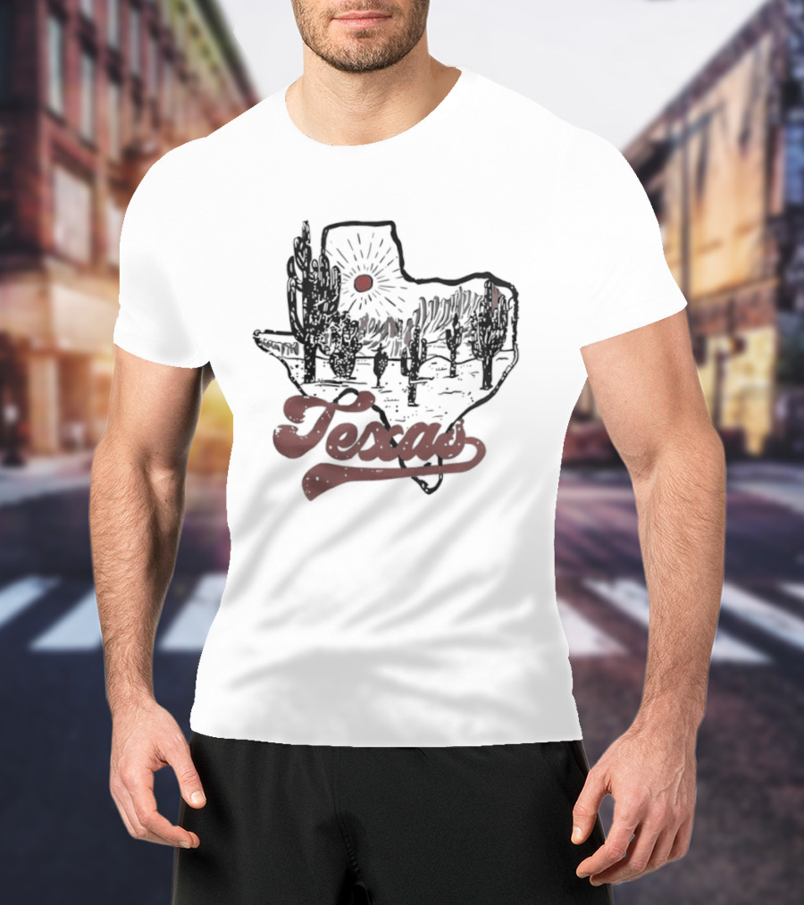 Texas Cacti Sun Rays Desert Scene Map T-Shirt