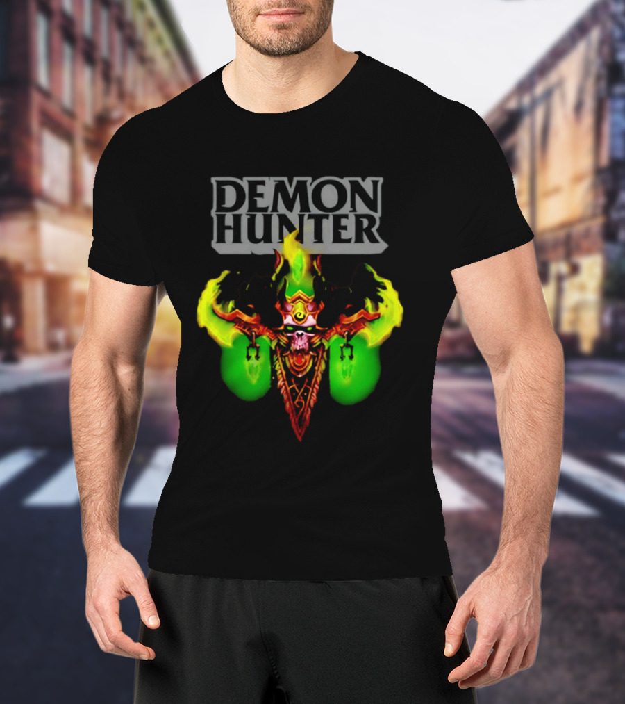 Demon Hunter Skull World Of Warcraft Emblem With Green Flame Accents T-Shirt
