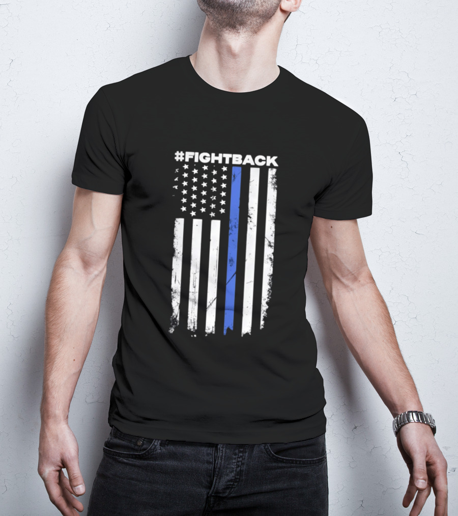 #Fightback Distressed Thin Blue Line American Flag T-Shirt