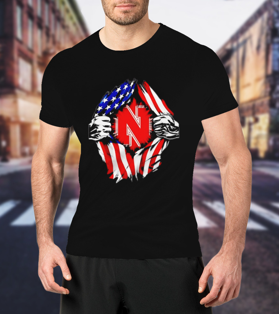 Nebraska Cornhuskers N Logo Ripped American Flag T-Shirt