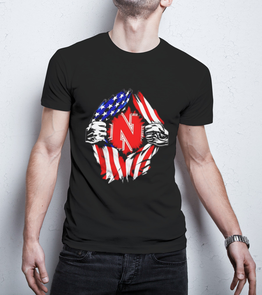 Nebraska Cornhuskers N Logo Ripped American Flag T-Shirt