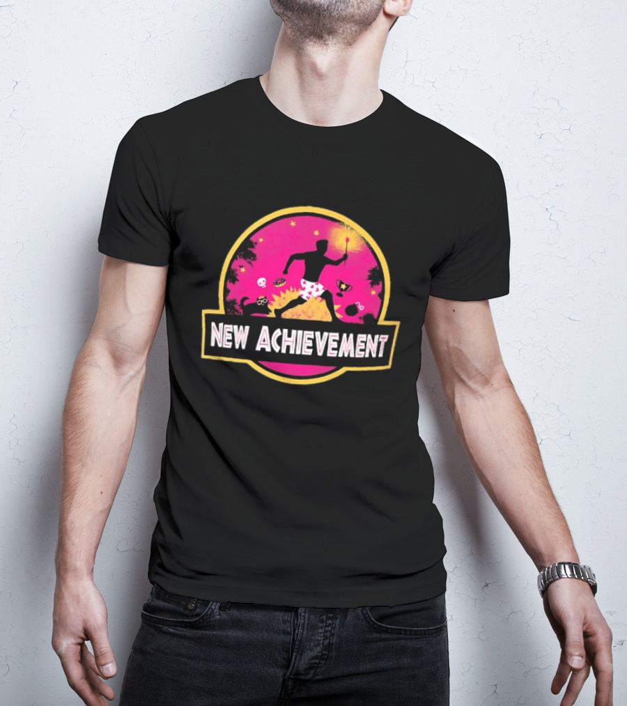 New Achievement Gaming Gamer Video Game Silhouette With Cat And Trophy T-Shirt