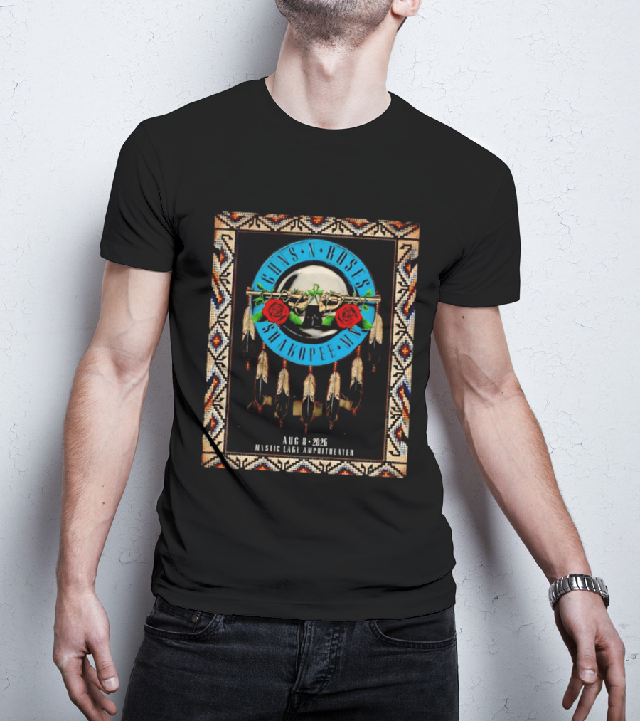 Guns N' Roses Shakopee MN August 8 2026 Mystic Lake Amphitheater Beaded Border Feathers Roses T-Shirt