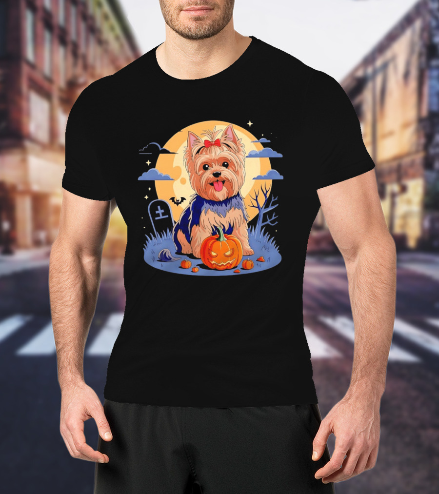 Yorkshire Terrier With Pumpkin On Spooky Halloween Night T-Shirt