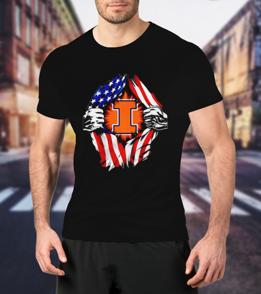 Illinois Fighting Illini I Letter American Flag Patriotic Rip T-Shirt