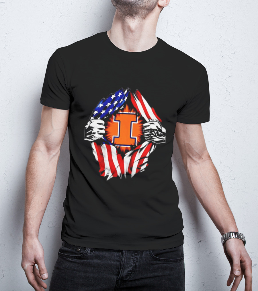 Illinois Fighting Illini I Letter American Flag Patriotic Rip T-Shirt