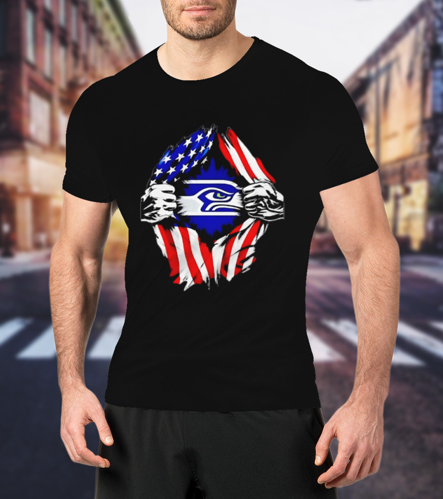 Seattle Seahawks American Flag Ripped Chest USA Fan Gear T-Shirt