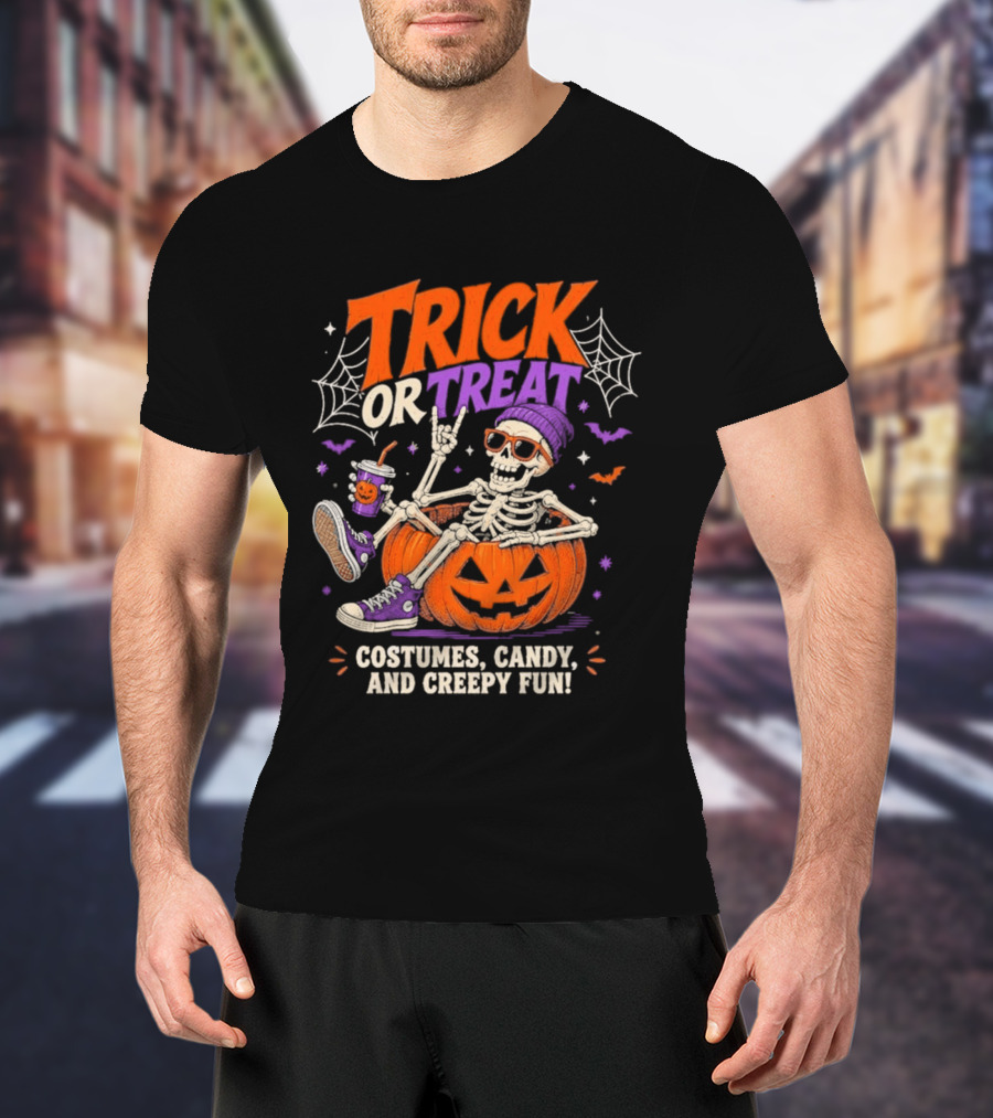 Skeleton Trick Or Treat Costumes Candy And Creepy Fun Halloween Party T-Shirt