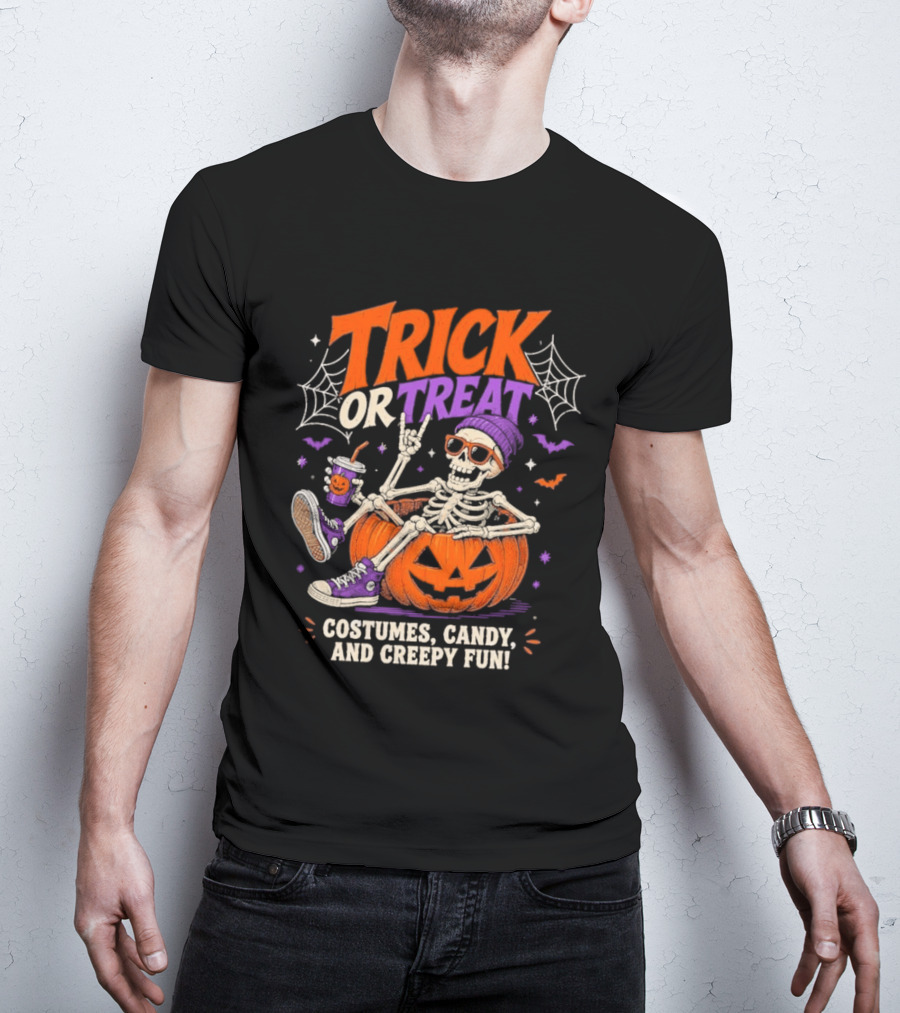 Skeleton Trick Or Treat Costumes Candy And Creepy Fun Halloween Party T-Shirt
