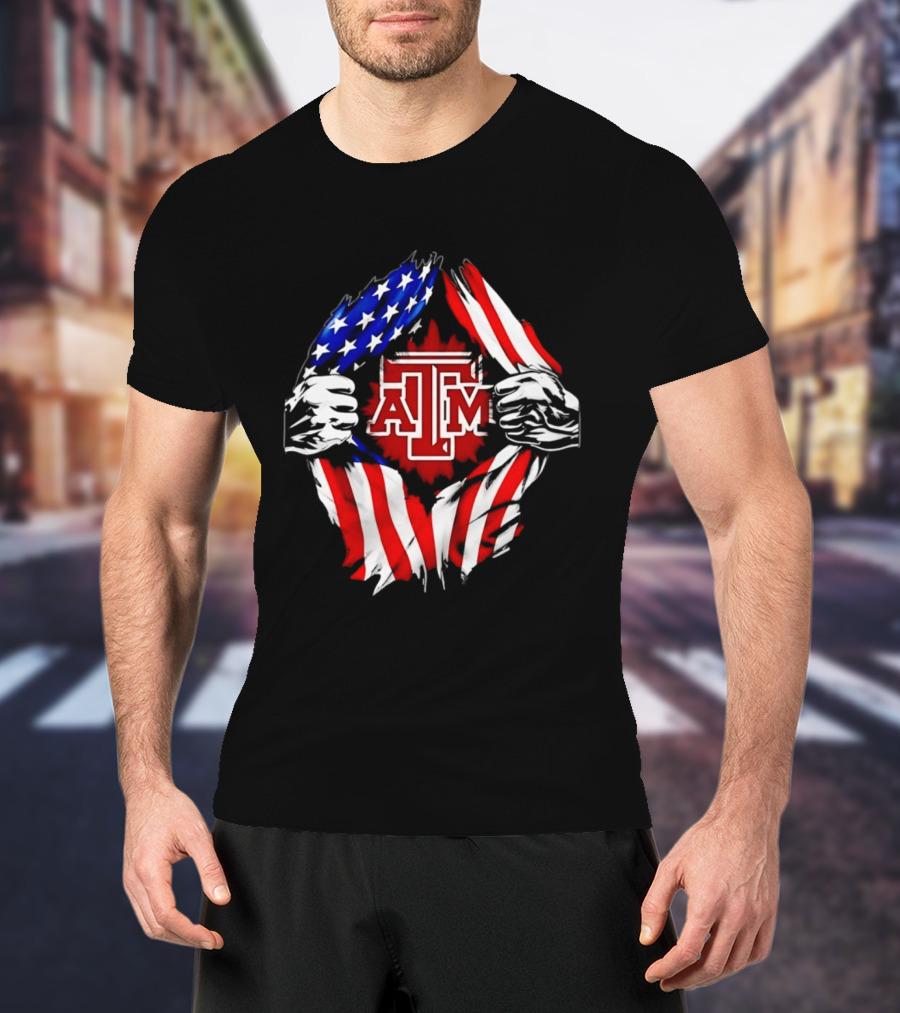Texas A And M University Ripped Chest American Flag T-Shirt