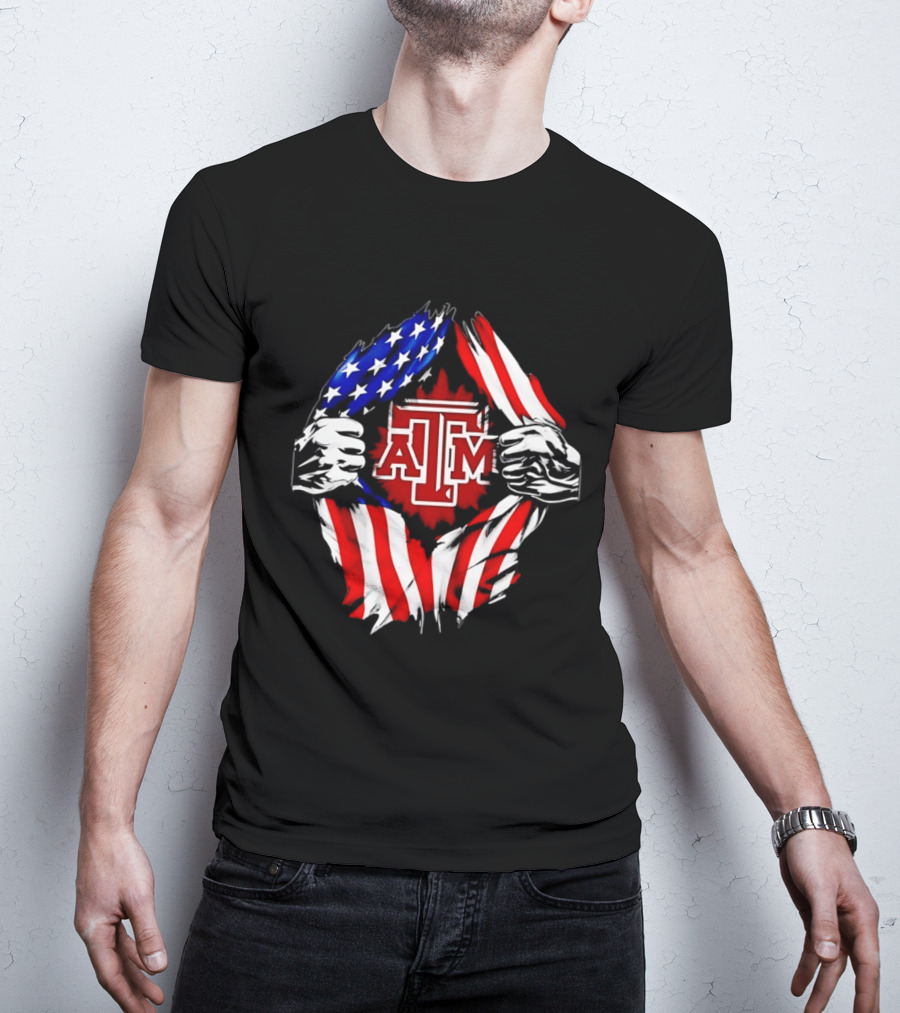 Texas A And M University Ripped Chest American Flag T-Shirt