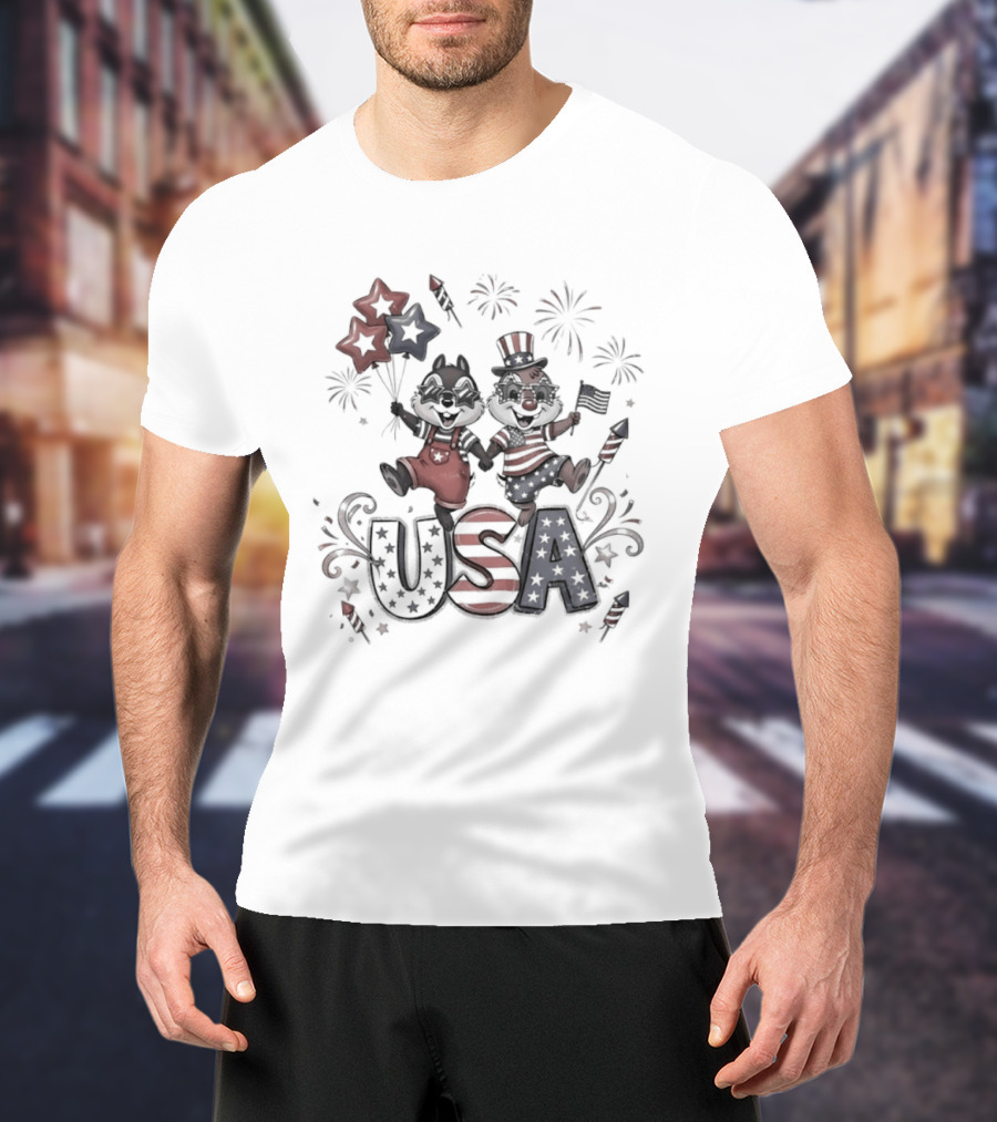 Chip And Dale USA Patriotic Fireworks Stars And Stripes Fourth Of July T-Shirt