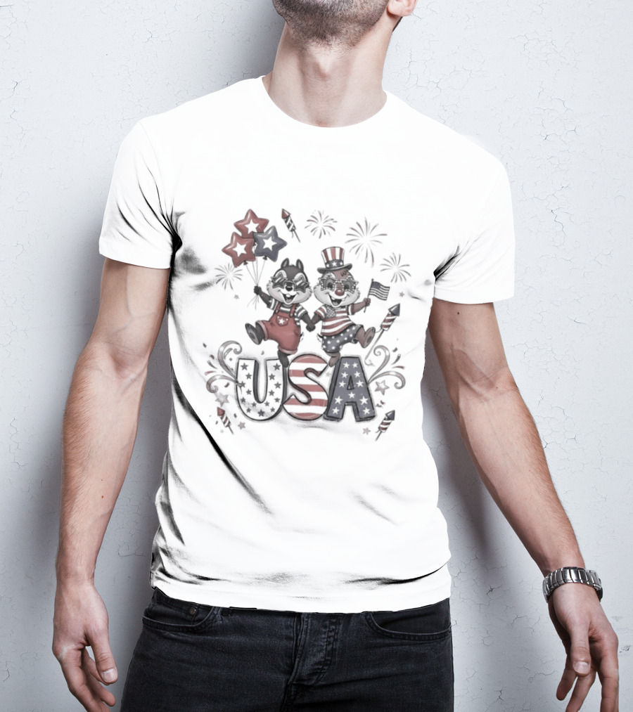 Chip And Dale USA Patriotic Fireworks Stars And Stripes Fourth Of July T-Shirt
