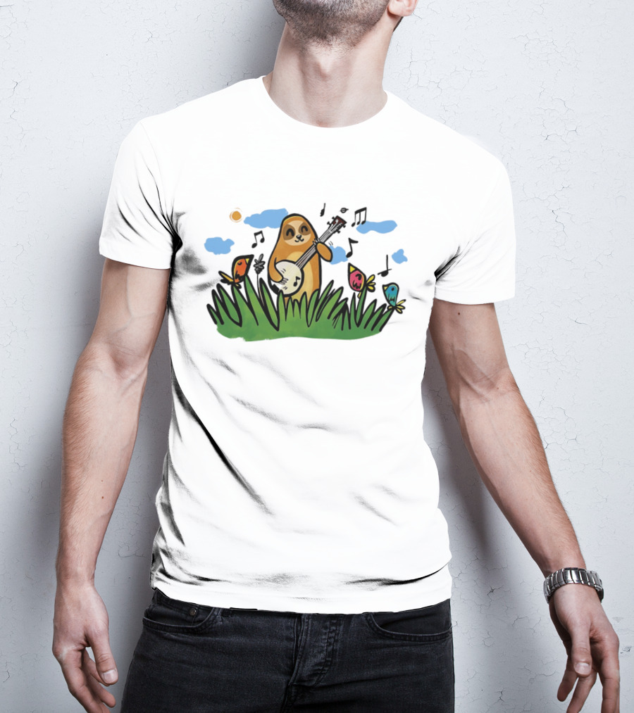 Sloth Happy Playing The Banjo With Singing Birds T-Shirt