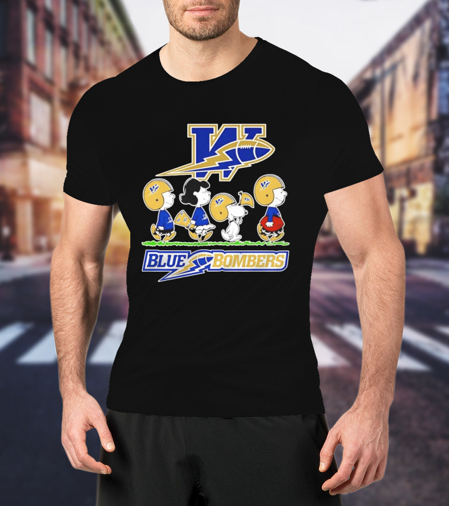 Peanuts Characters Winnipeg Blue Bombers CFL Collaboration Charlie Brown Snoopy Lucy Football Helmets T-Shirt