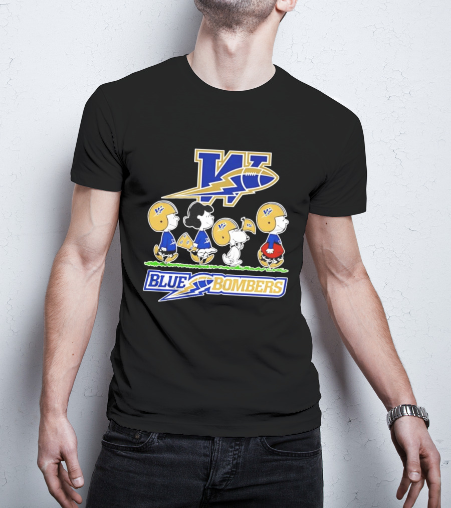Peanuts Characters Winnipeg Blue Bombers CFL Collaboration Charlie Brown Snoopy Lucy Football Helmets T-Shirt