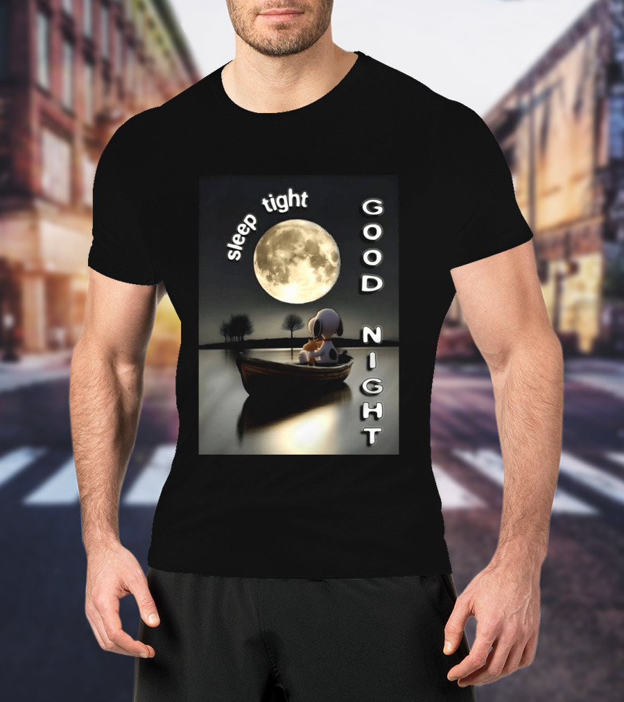 Sleep Tight Good Night Snoopy And Woodstock Moonlight Boat Scene T-Shirt