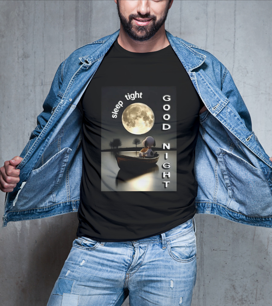 Sleep Tight Good Night Snoopy And Woodstock Moonlight Boat Scene T-Shirt