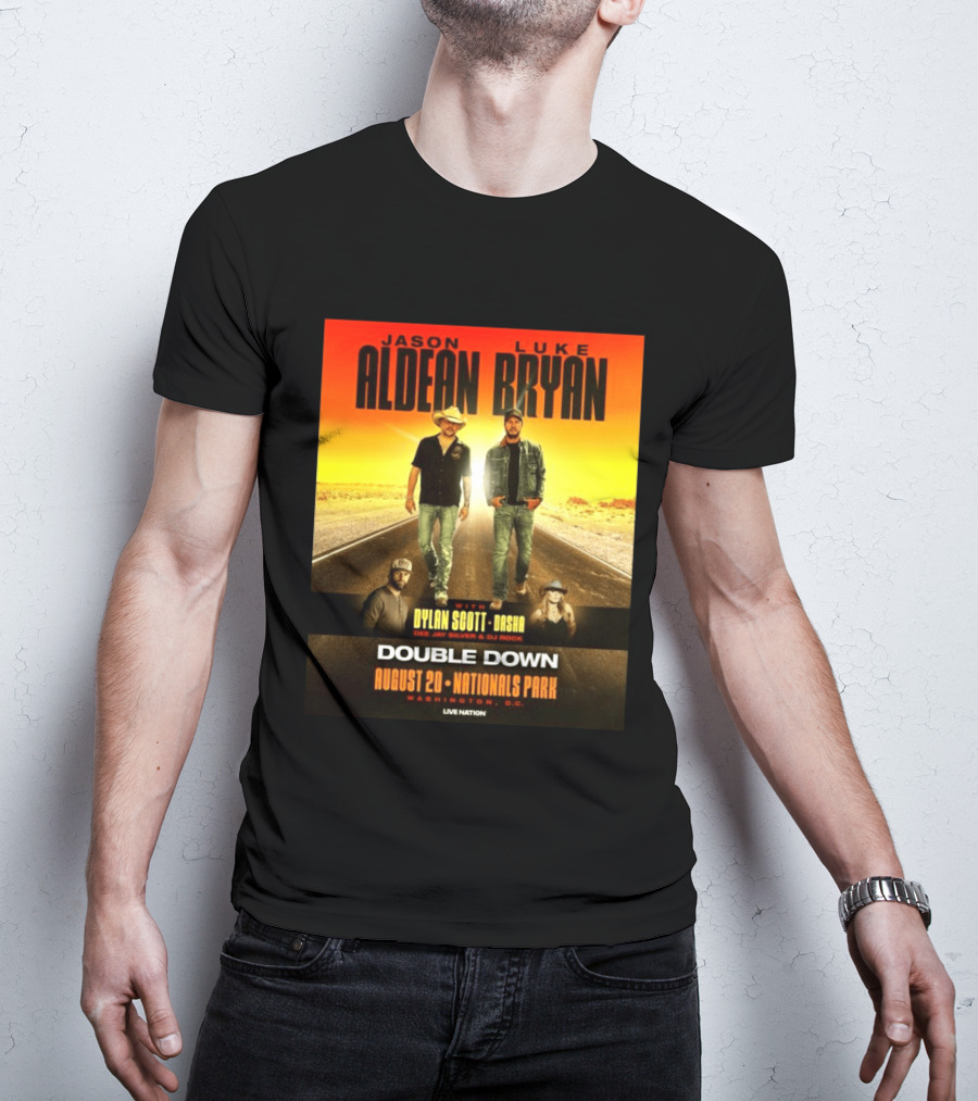 Jason Aldean Luke Bryan Double Down August 20 Nationals Park Washington D.C. With Dylan Scott Dasha Dee Jay Silver Dj Rock Live Nation T-Shirt