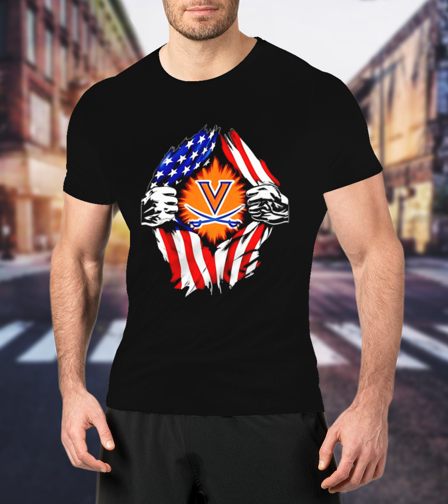 Virginia Cavaliers American Flag Ripped Chest V T-Shirt