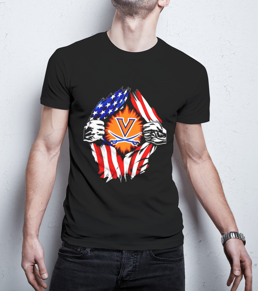 Virginia Cavaliers American Flag Ripped Chest V T-Shirt