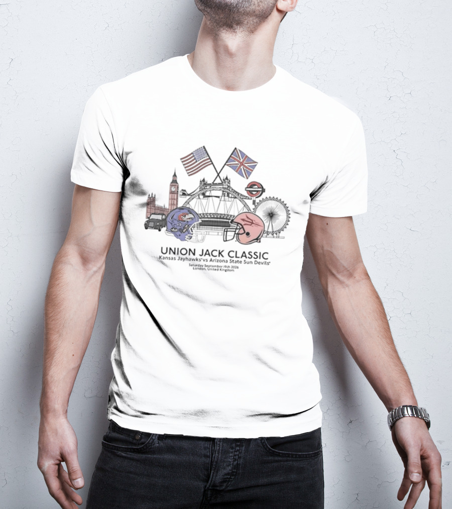 Union Jack Classic Kansas Jayhawks Arizona State Sun Devils London 2026 Big Ben Ferris Wheel Football Helmets USA UK Flags T-Shirt