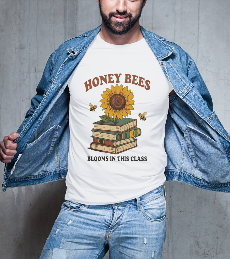 Honey Bees Blooms In This Class Sunflower And Books T-Shirt