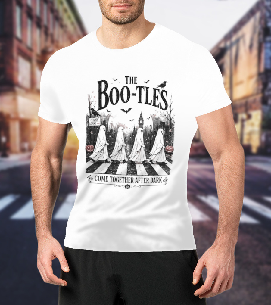 The Boo Tles Come Together After Dark Halloween Ghostly Abbey Road Bats Pumpkins T-Shirt