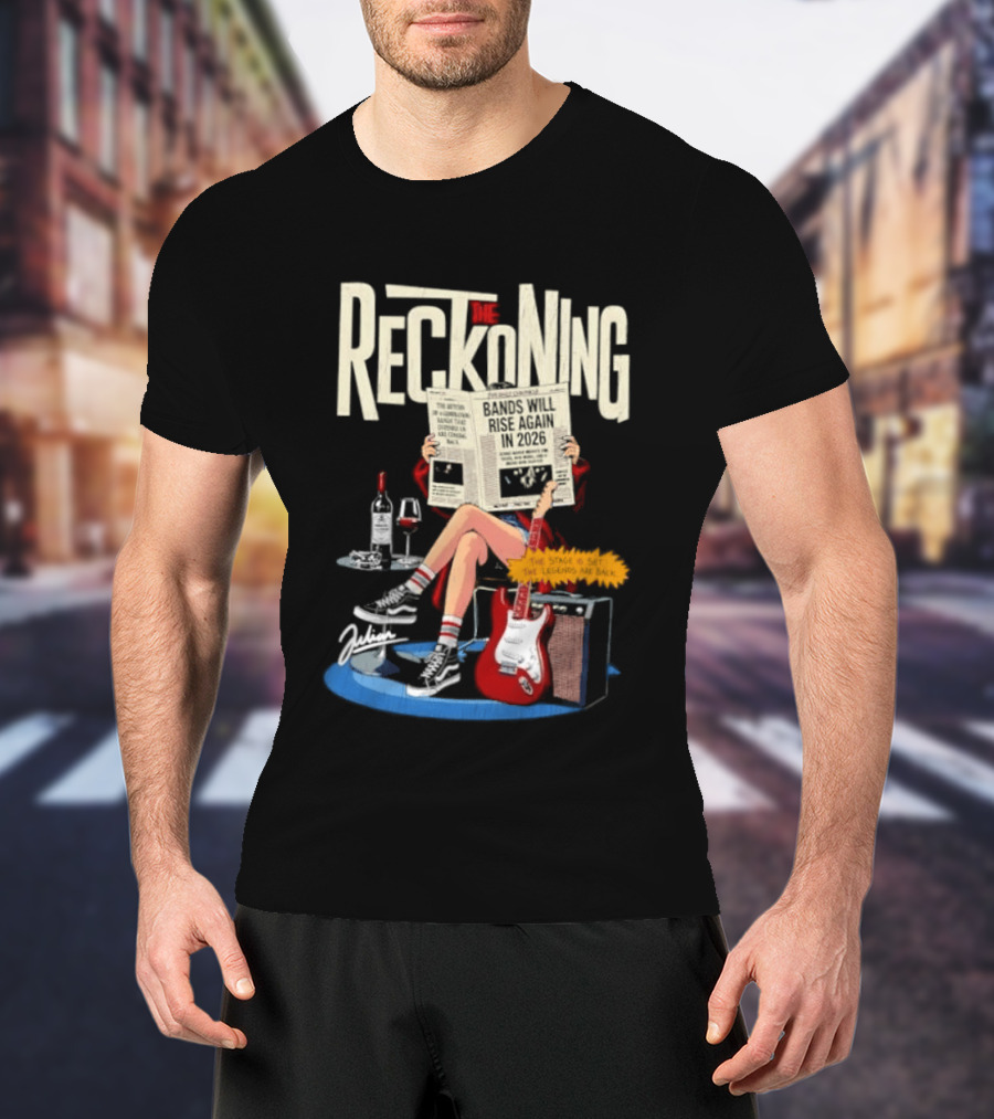 The Reckoning Bands Will Rise Again 2026 Woman Reading Newspaper Red Electric Guitar Amp T-Shirt
