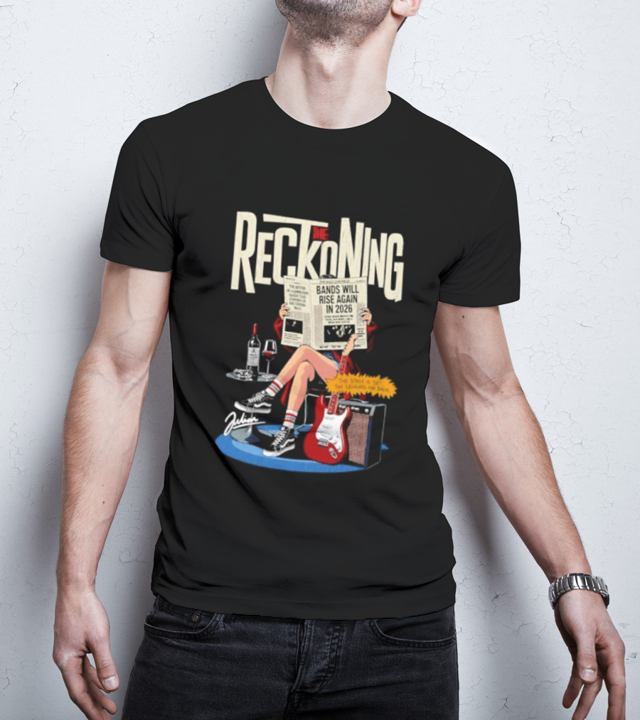 The Reckoning Bands Will Rise Again 2026 Woman Reading Newspaper Red Electric Guitar Amp T-Shirt
