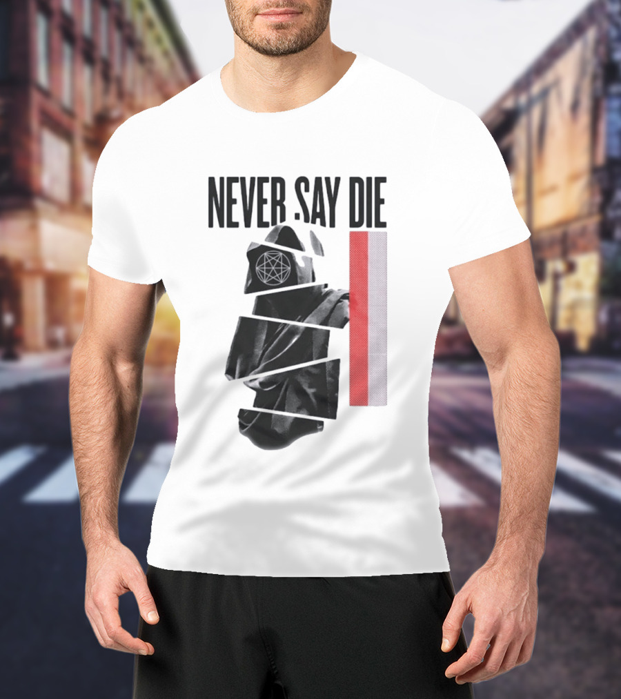 Never Say Die Hooded Occult Figure With Pentagram Halftone T-Shirt