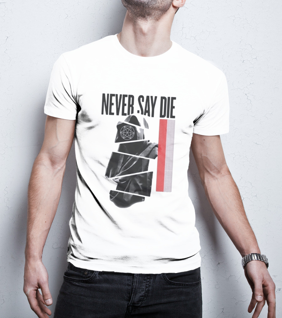 Never Say Die Hooded Occult Figure With Pentagram Halftone T-Shirt