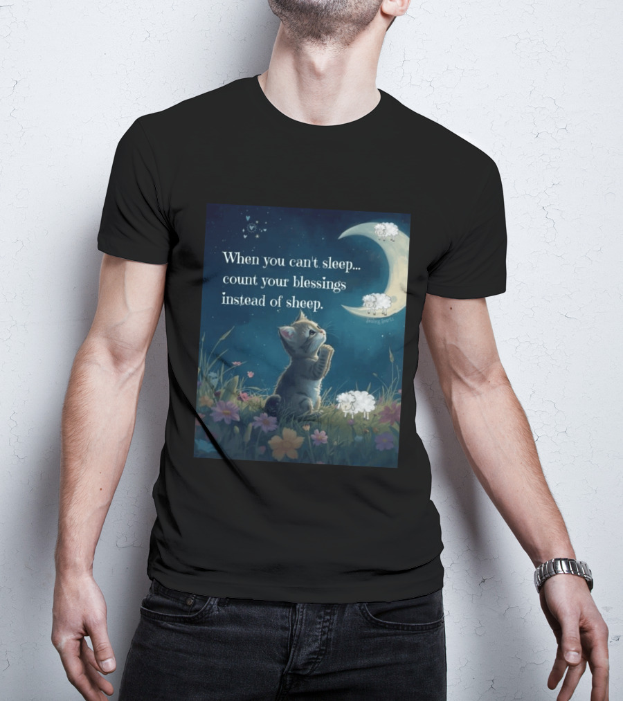 Cat When You Can't Sleep Count Your Blessings Instead Of Sheep Healing Vibes Moon Sheep Flowers T-Shirt
