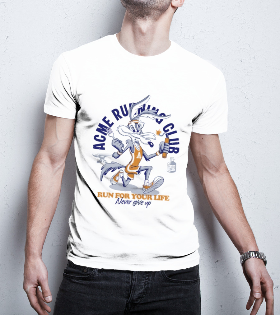 Acme Running Club Wile E Coyote Run For Your Life Never Give Up T-Shirt