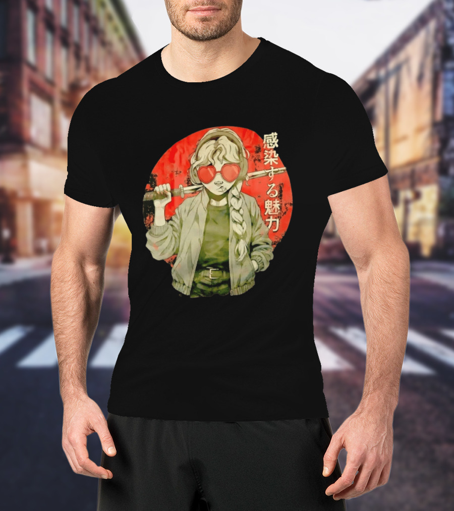 Anime Katana Girl Infectious Charm Heart Sunglasses Braided Hair T-Shirt