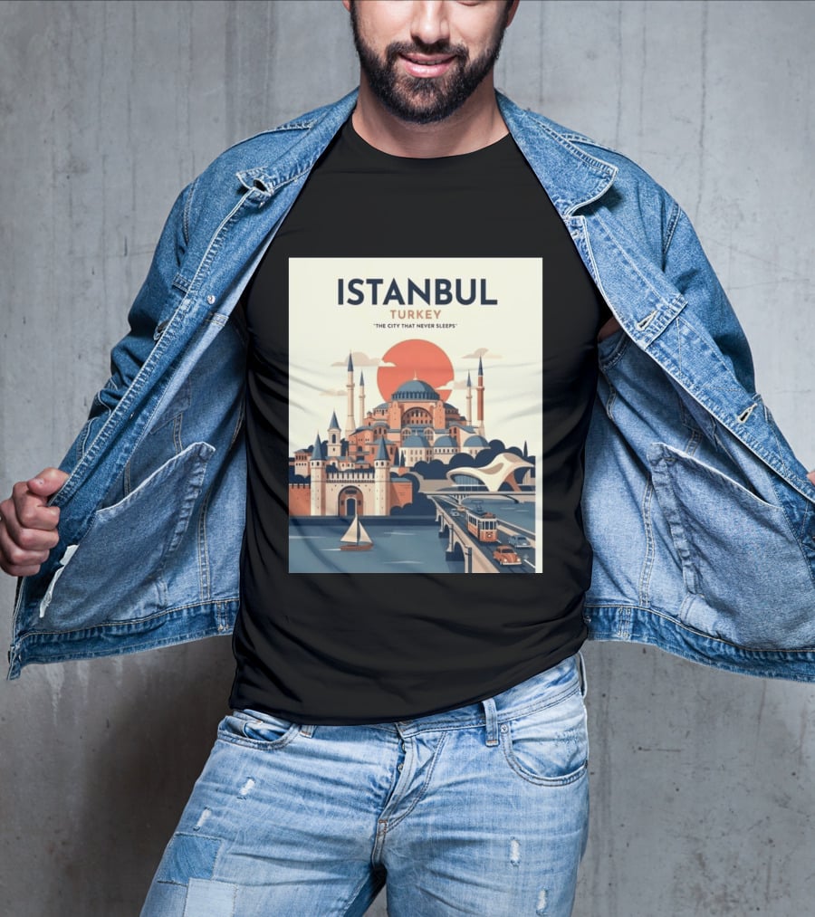 Istanbul Turkey The City That Never Sleeps Iconic Landmarks Urban Skyline Retro Style Scenic Tram And Sailboat T-Shirt