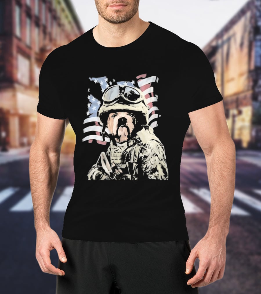 American Bulldog Soldier With United States Flag Goggles And Military Gear T-Shirt
