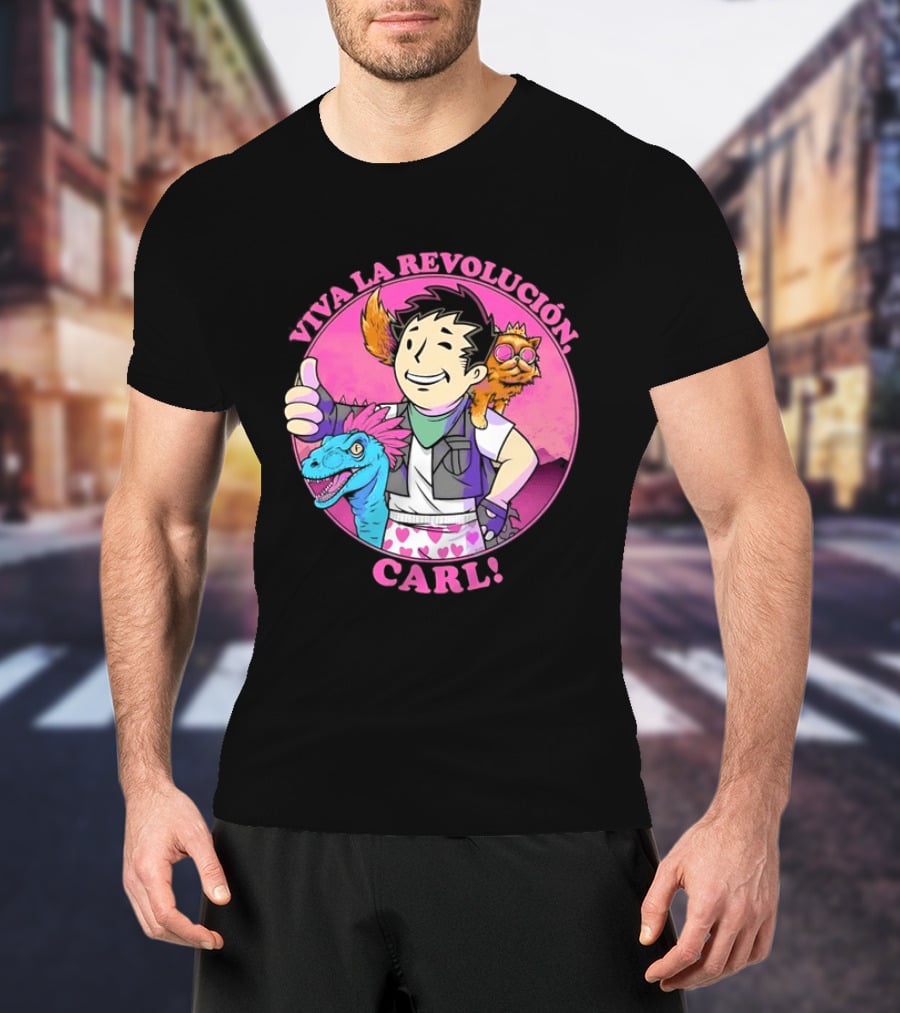 Viva La Revolución Carl Fallout Vault Boy Dinosaur Cat T-Shirt