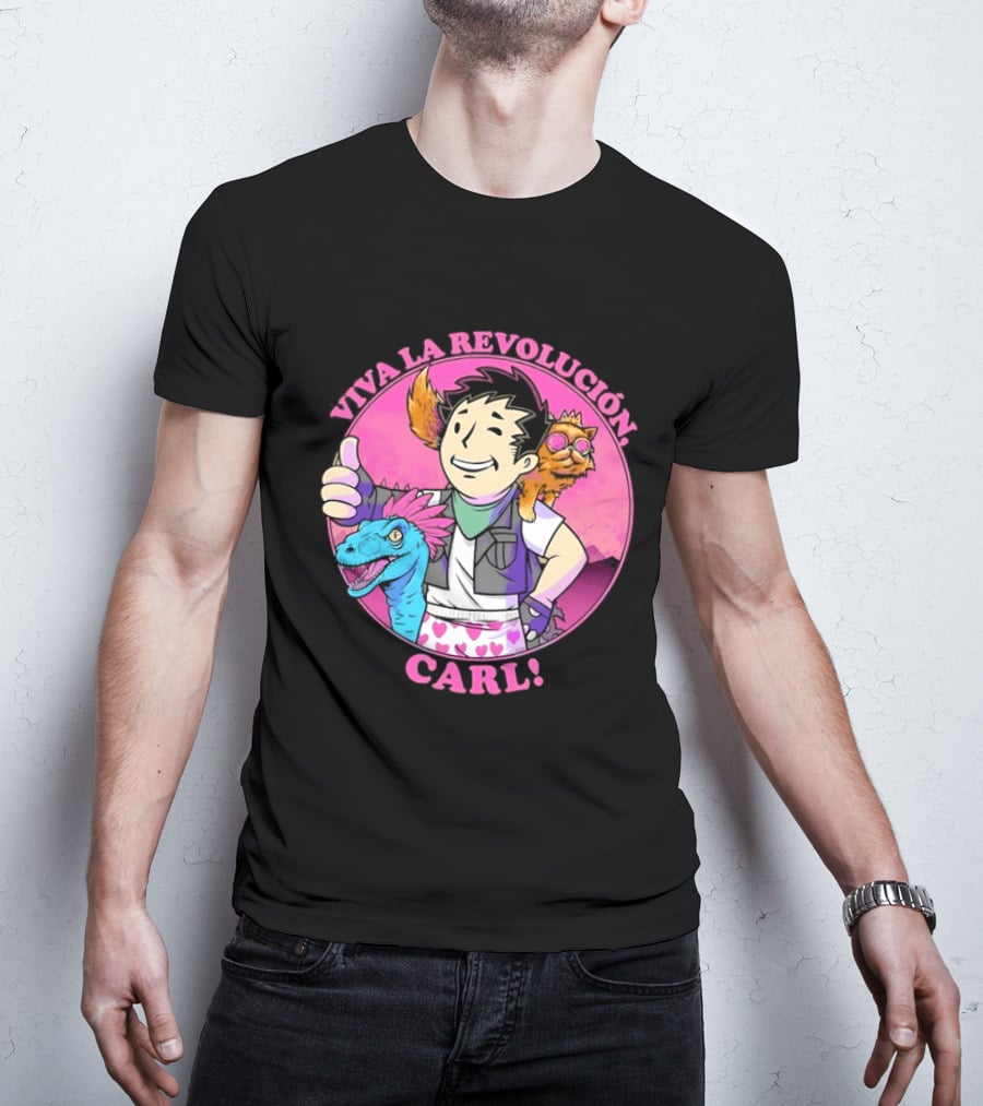 Viva La Revolución Carl Fallout Vault Boy Dinosaur Cat T-Shirt