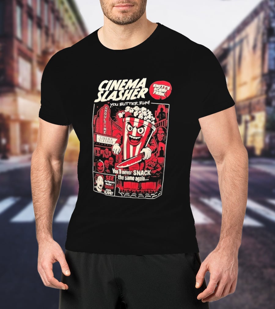 Cinema Slasher You Butter Run Knott's Scary Farm Popcorn Bucket Of Doom T-Shirt
