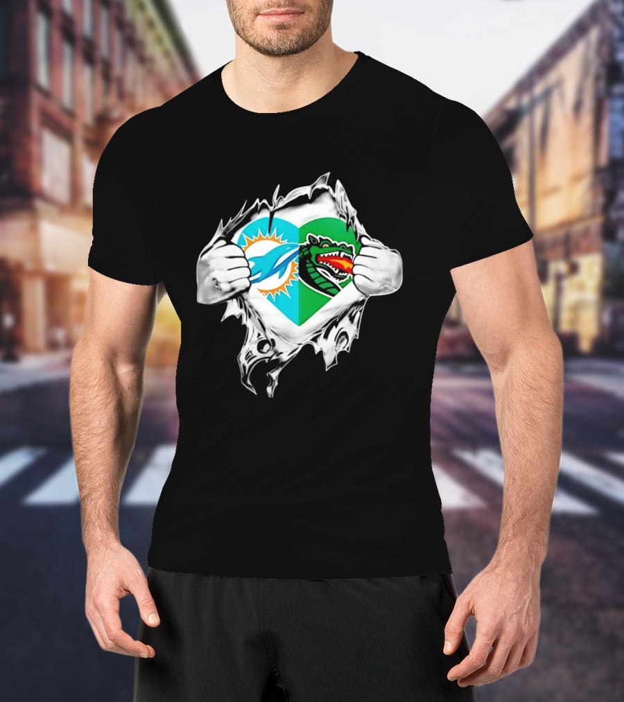 Miami Dolphins UAB Blazers Heart Superman Chest Rip T-Shirt