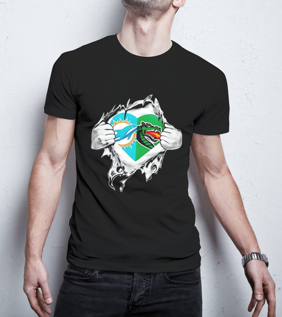 Miami Dolphins UAB Blazers Heart Superman Chest Rip T-Shirt