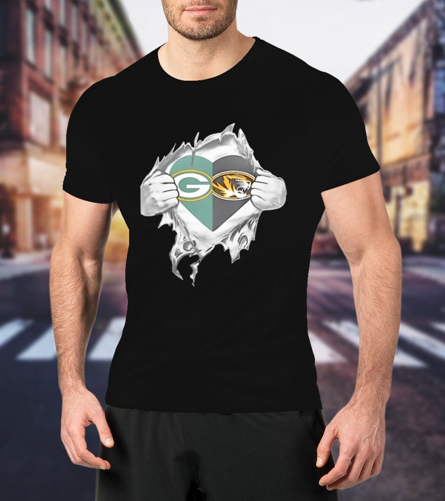 Green Bay Packers Missouri Tigers Heart Superman Chest Rip T-Shirt