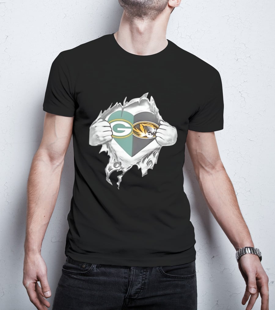 Green Bay Packers Missouri Tigers Heart Superman Chest Rip T-Shirt